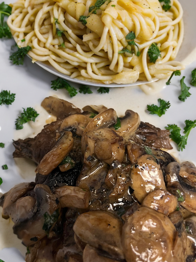 Marinated Steak with Buttered Mushrooms