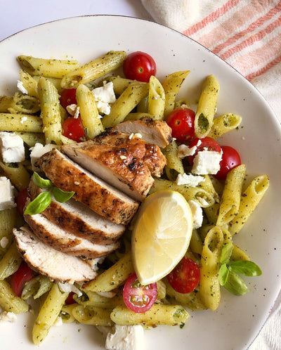 Herb Lemon Chicken over Pesto Pasta Salad