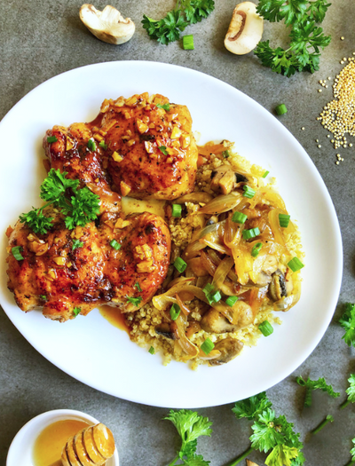 Honey Garlic Chicken over Mushroom and Onion Quinoa