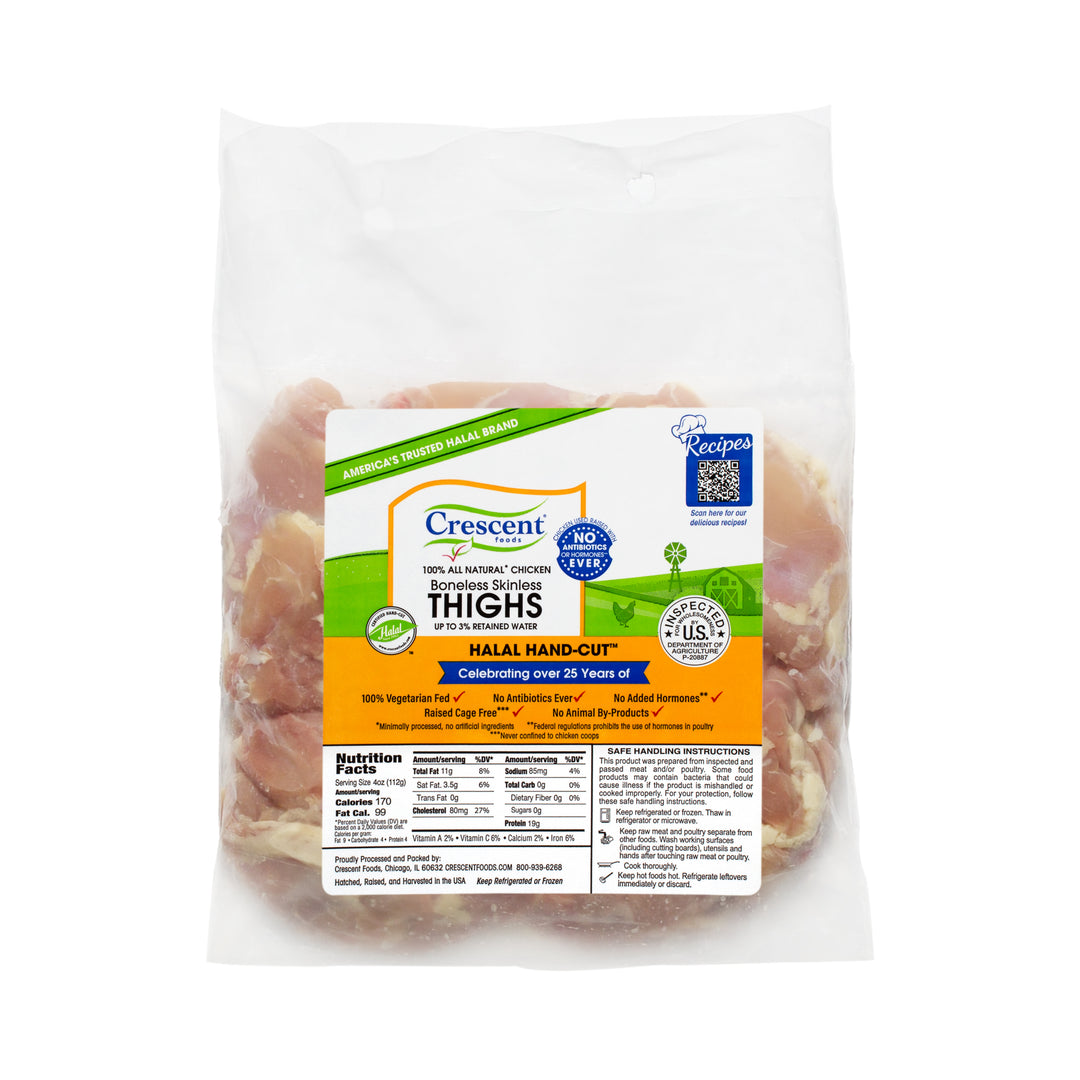 Bulk Halal Hand-Cut Boneless Skinless Thighs | Crescent Foods