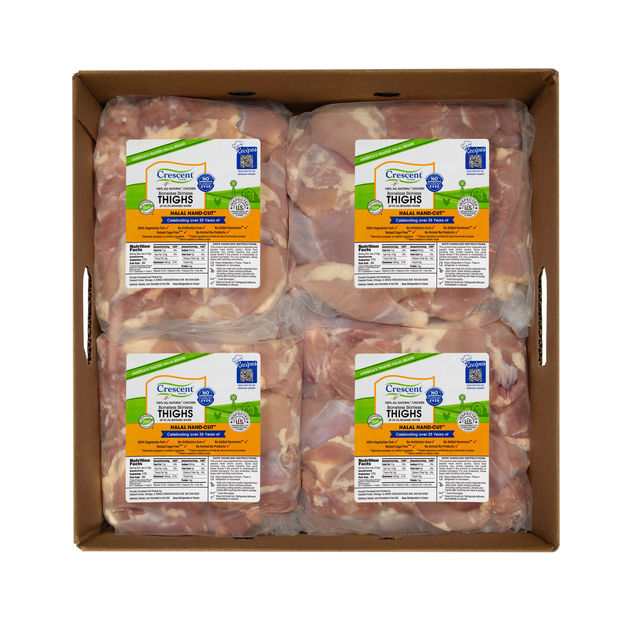 20 Pound Case - All Natural Halal Hand-Cut Boneless Skinless Thighs