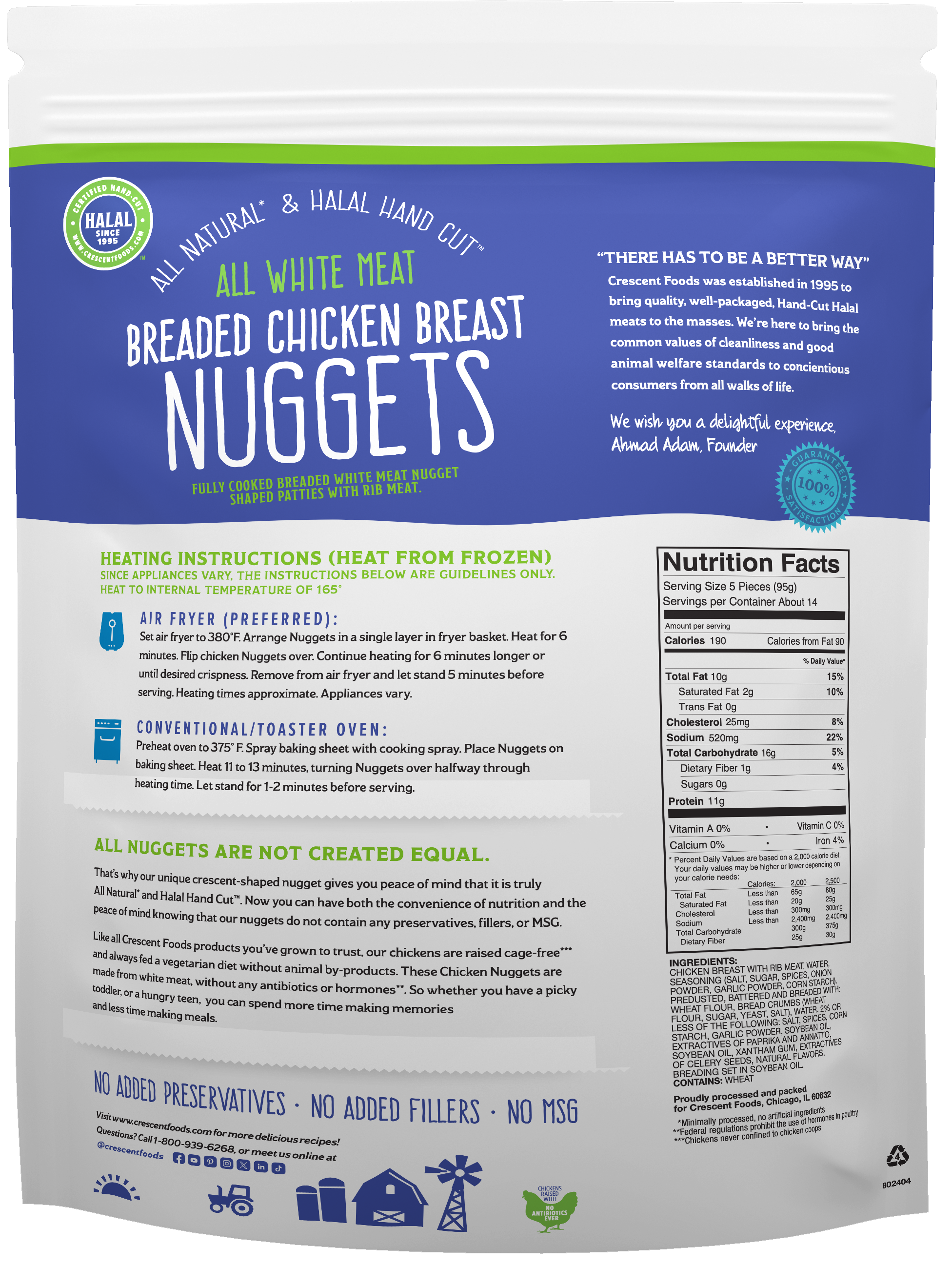 24 Pound Case - All Natural Halal Hand-Cut Chicken Breast Nuggets Case, Fully Cooked