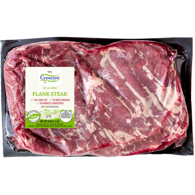 Crescent Foods Flank Steak in packaging with label reading "Crescent foods 100% All Natural Flank Steak 100% Grass Fed, No Added Hormones, No Antibiotics Administered